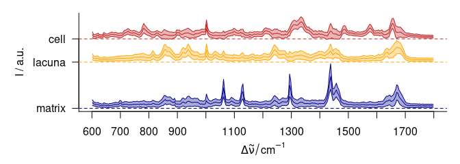 The cluster mean $\pm$ 1 standard deviation spectra.
The blue cluster shows distinct lipid bands, the yellow cluster collagen, and the red cluster proteins and nucleic acids.  